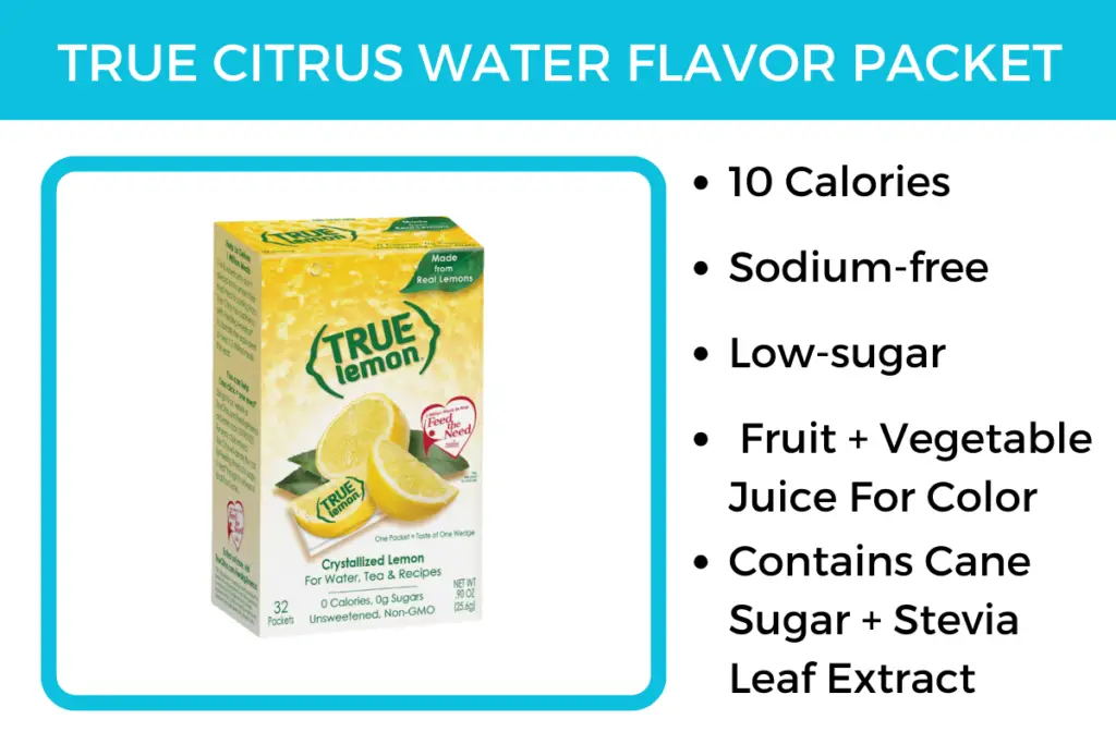 True Citrus water flavor packets are free from red 40, and do not contain any artificial food dyes. They are flavored with fruit and vegetable juices.