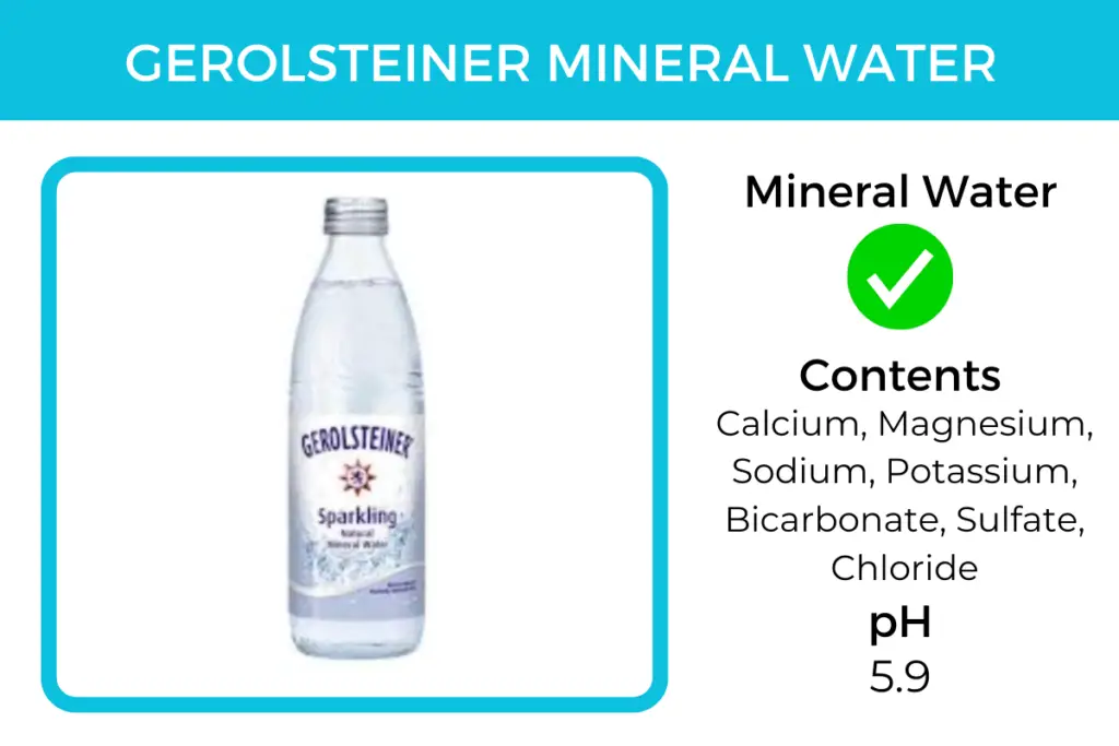 Gerolsteiner mineral water contains calcium, magnesium, potassium, bicarbonate, sulfate, sodium and chloride. It has a pH of 5.9.
