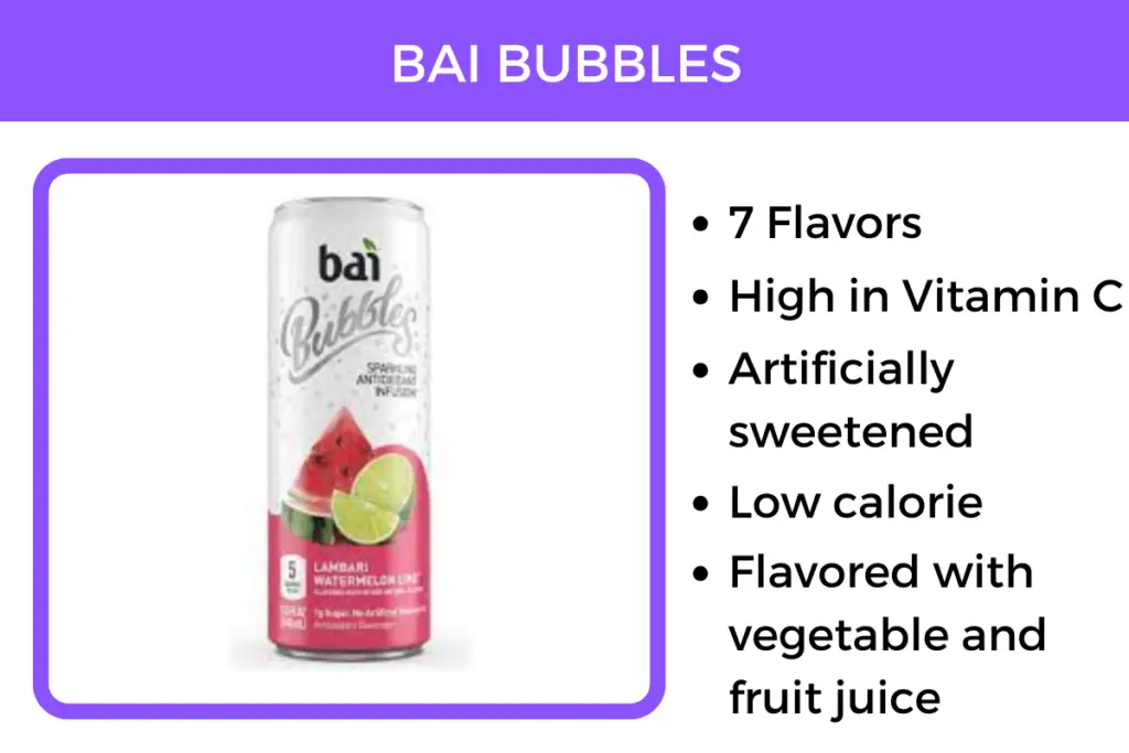 Bai Bubbles sparkling water tastes just like soda, and is flavored by natural fruit and vegetable juices.