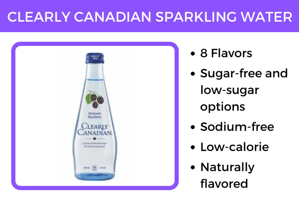 Clearly Canadian sparkling water tastes like soda, and is naturally flavored. It's available in 4 low-sugar and 4 sugar-free varieties.